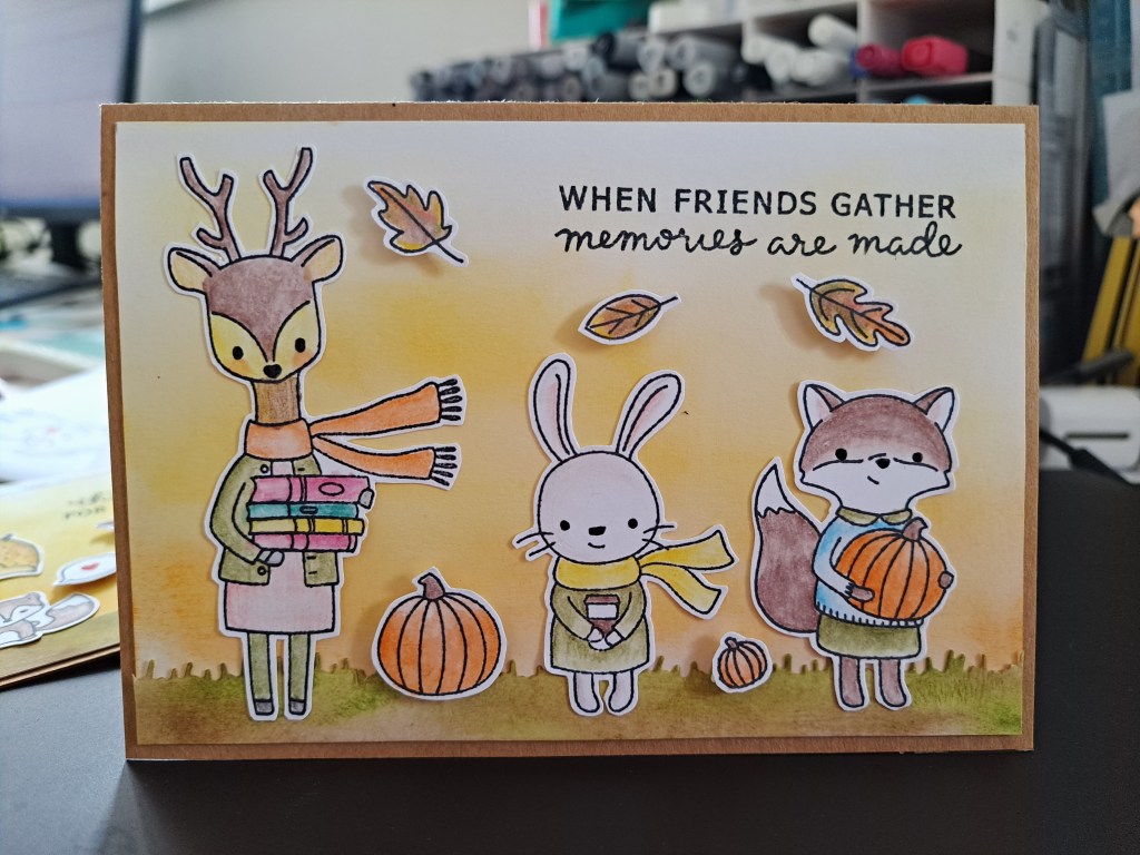 Hello Bluebird Fall Friends ideas for cardmaking autumn themed. Using stamps sentiment when friends gather memories are made.