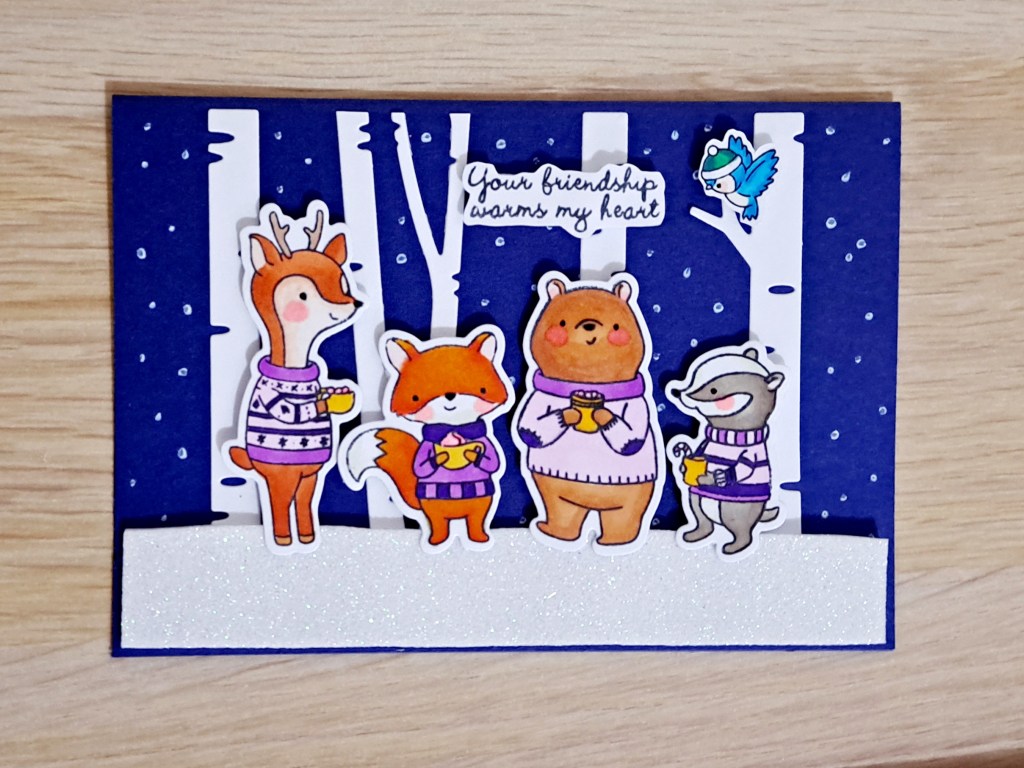 Hello Bluebird Cocoa Party Stamp Set & Birch Trees Die Cuts for winter card making ideas