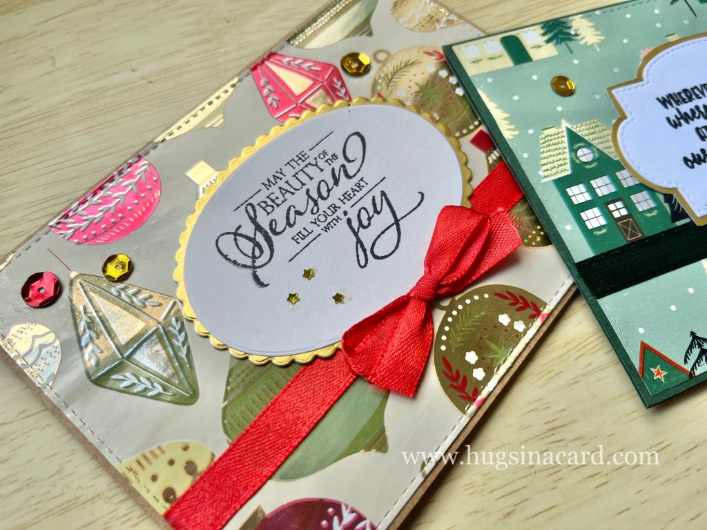 christmas card crafting ideas using gift wrapping papers and embellishments