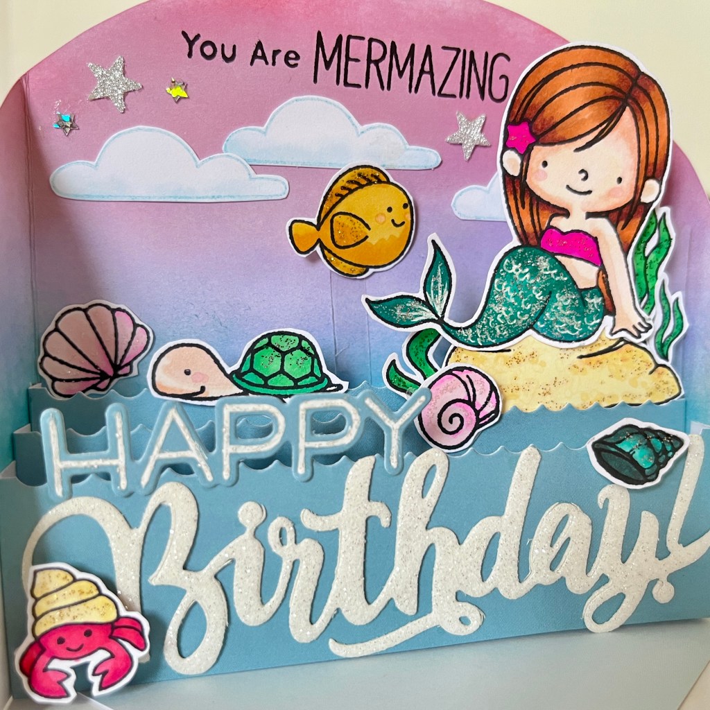 handmade card for birthday MFT mermazing distress ink spun sugar shaded lilac balmy blue stamin up ink pink purple blue colours