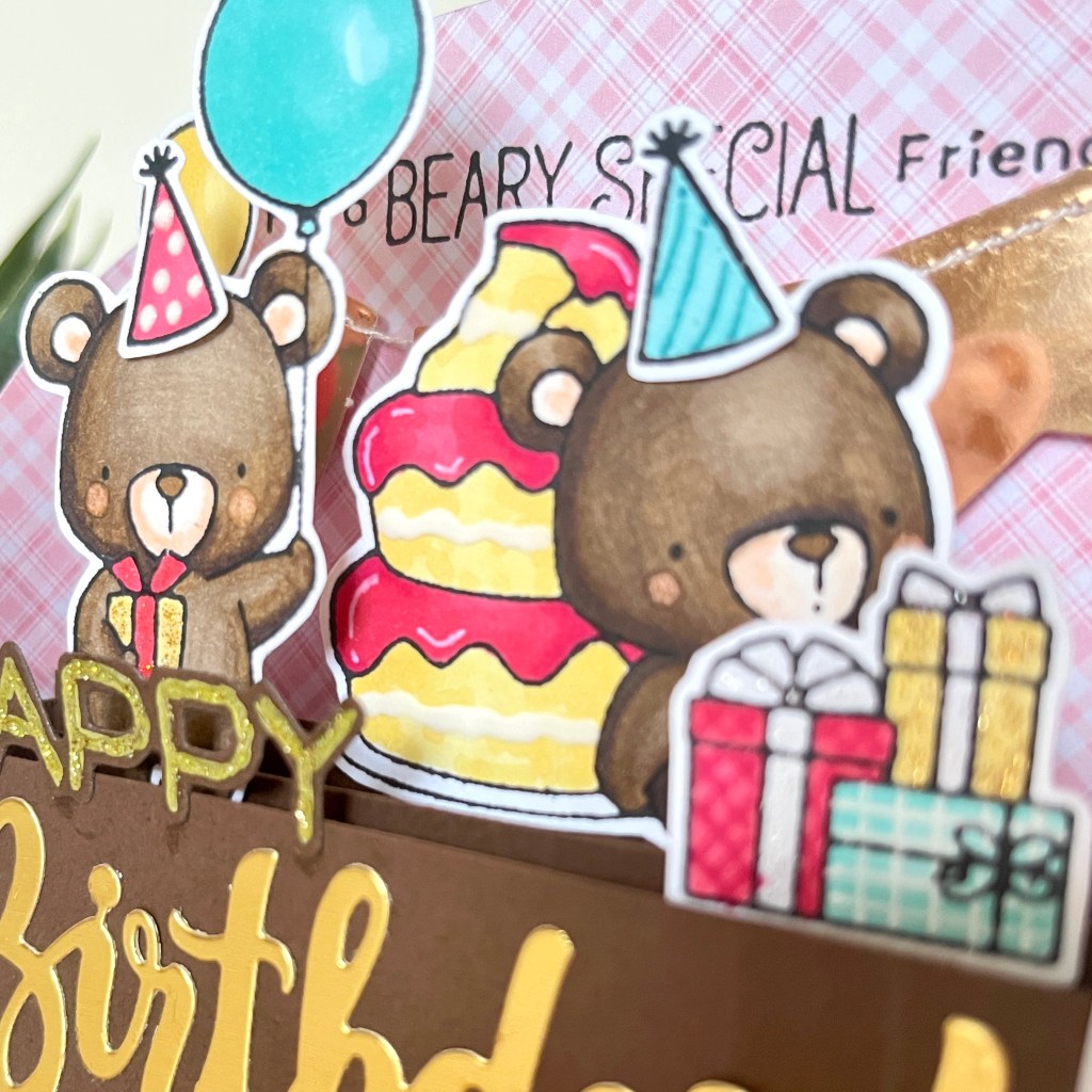 diy birthday cards MFT bears with plaid pink background paper