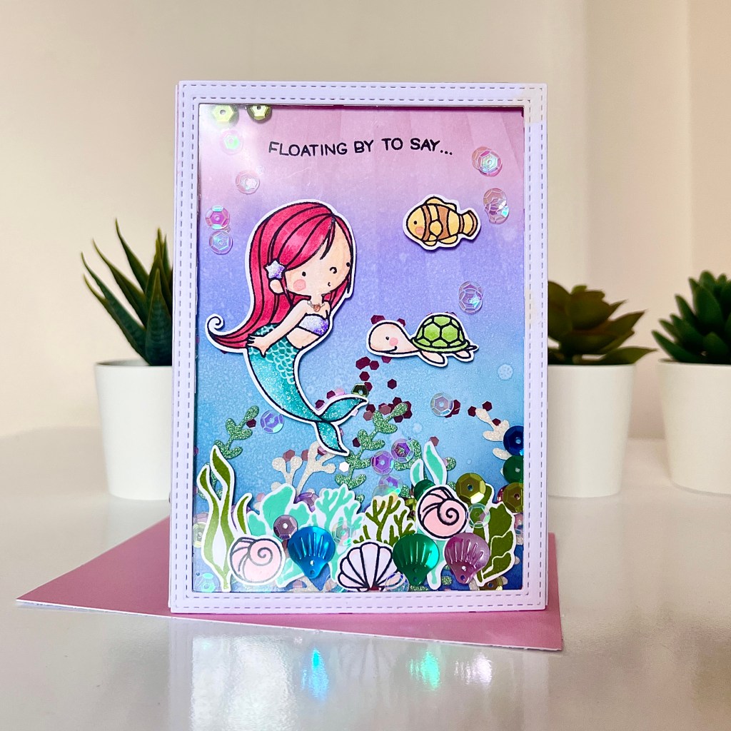 birthday cards diy MFT mermazing stamps distress ink spun sugar shaded lilac balmy blue stampin up ink blending shaker card design