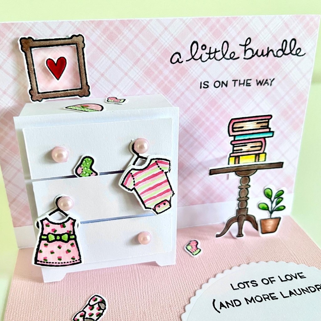 Pop up card with white dresser drawer for baby girl