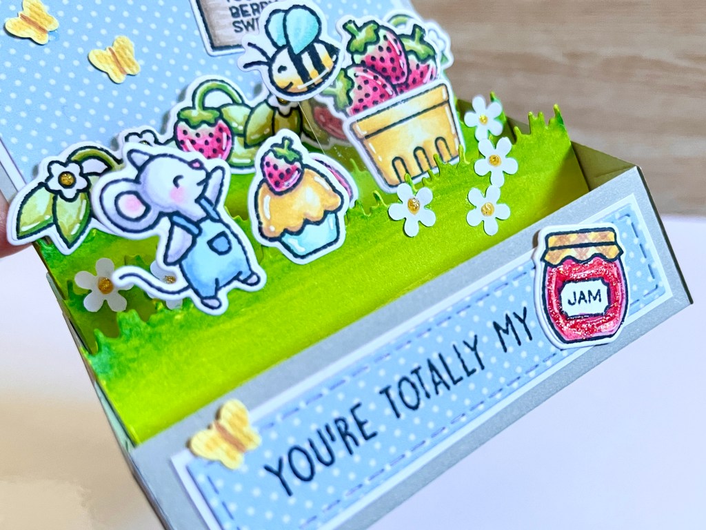 Lawn fawn Berry special stamp set card making ideas mice and strawberry farm pop up box card