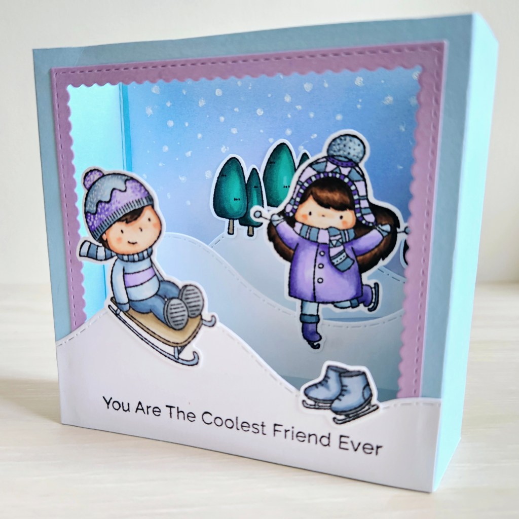 Shadow box card making ideas winter purple light blue color palette stampin up ink backgrounds 