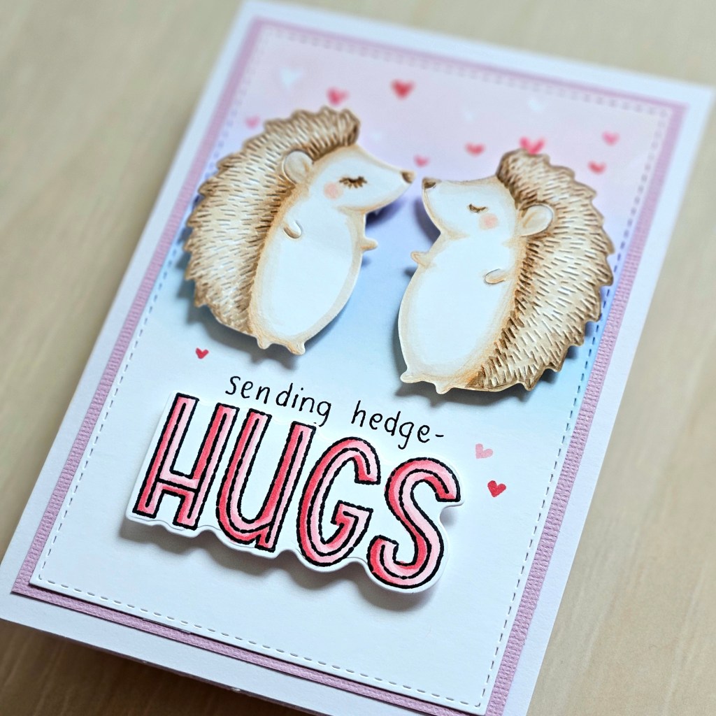 Card making idea for Poppystamps stamps and die marzipan greetings and hedgehog pink and purple