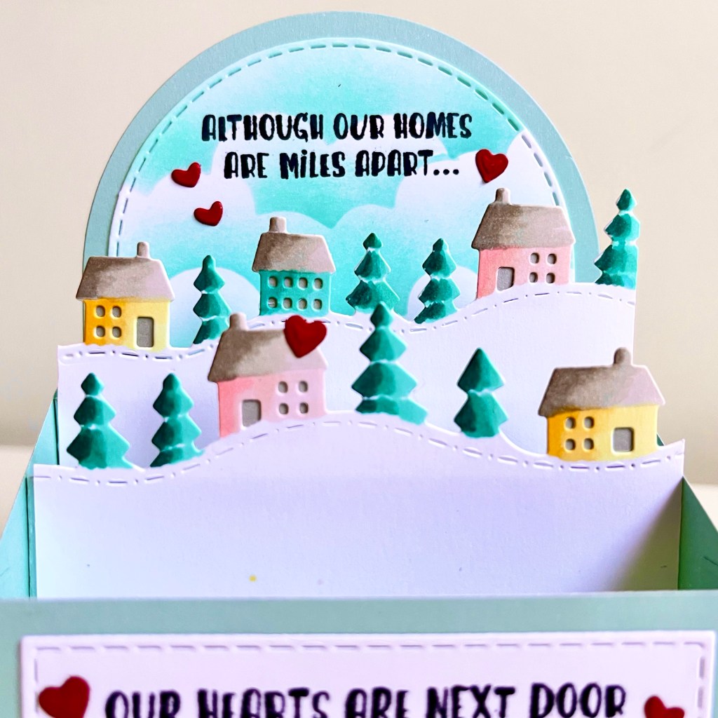 Mft outside the box pop up card winter village cardmaking idea