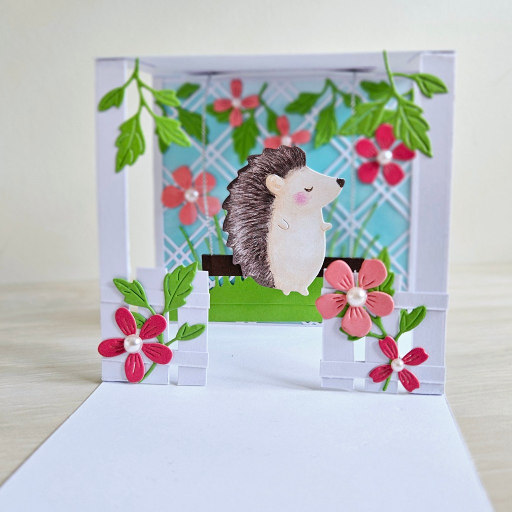 Poppystamps garden cardmaking frame pop up hedgehog die cut
