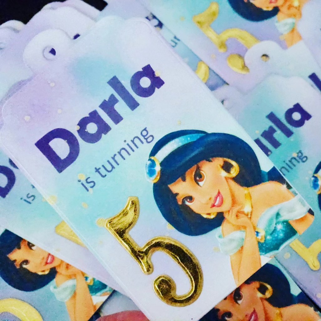 Princess jasmine themed birthday diy loot bag tags