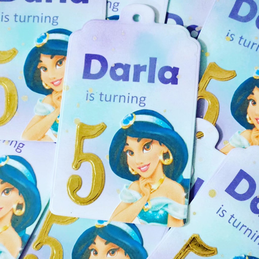 Diy tags for loot bags Princess Jasmine themed 