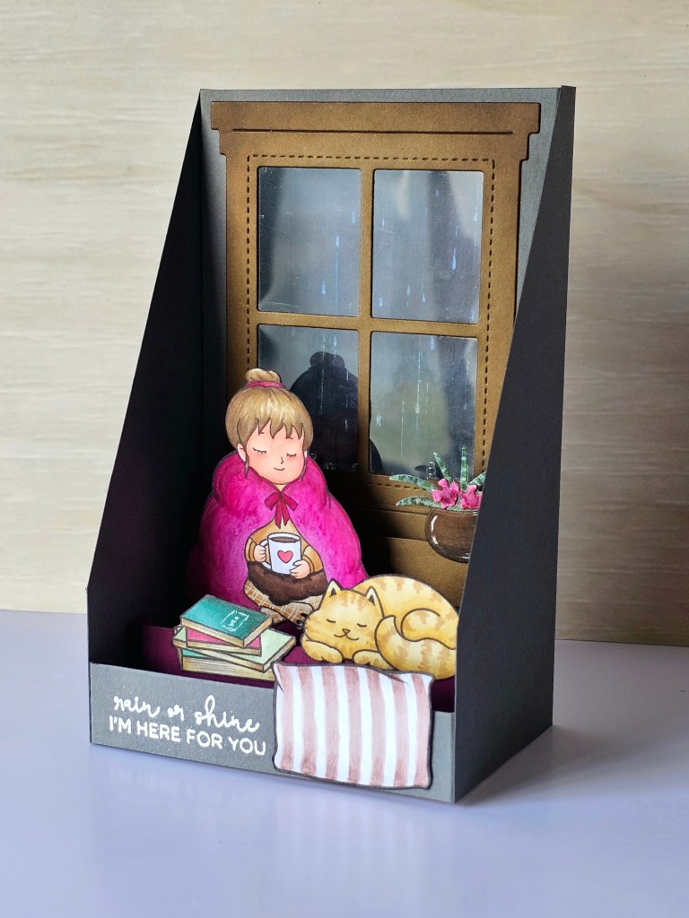 Rainy day stamp hello bluebird and digital stamp from Hugs in a Card ro create a handmade card design with rainfall interactive feature