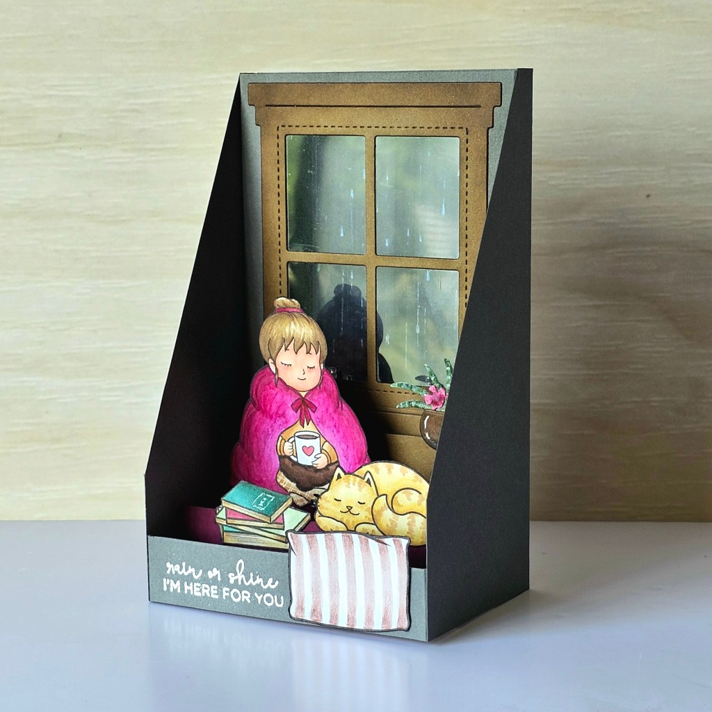 Lawn fawn window die and Hello Bluebird rainy day falling beads pop up and interactive card design