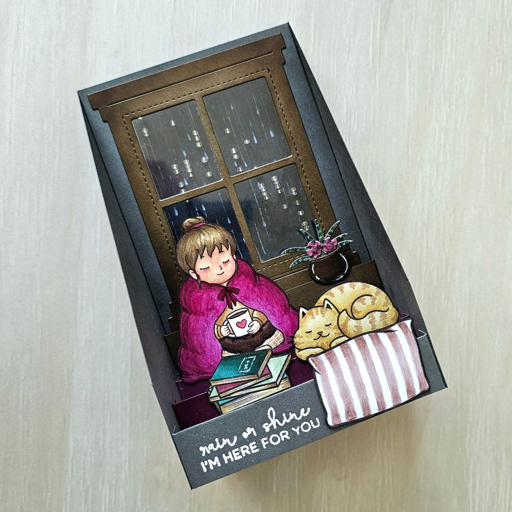 Lawn fawn window die pop up card interactive falling rain