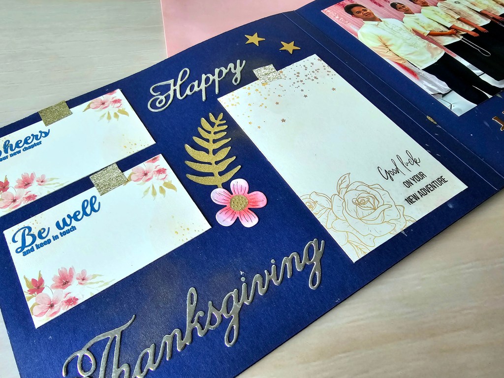 Handmade scrapbook ideas with flowers from spellbinders gold and blue colours