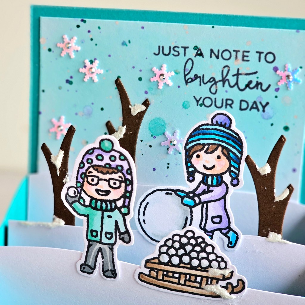 Mft outside the box level up pop up card modified winter theme design hunkydory stamps 