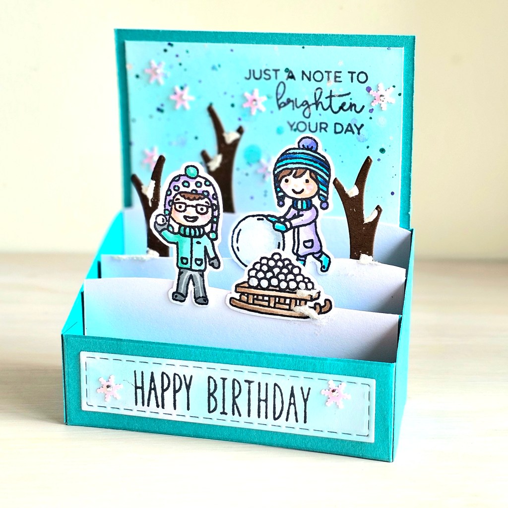 Mft outside the box pop up card with Hunky Dory stamps winter theme