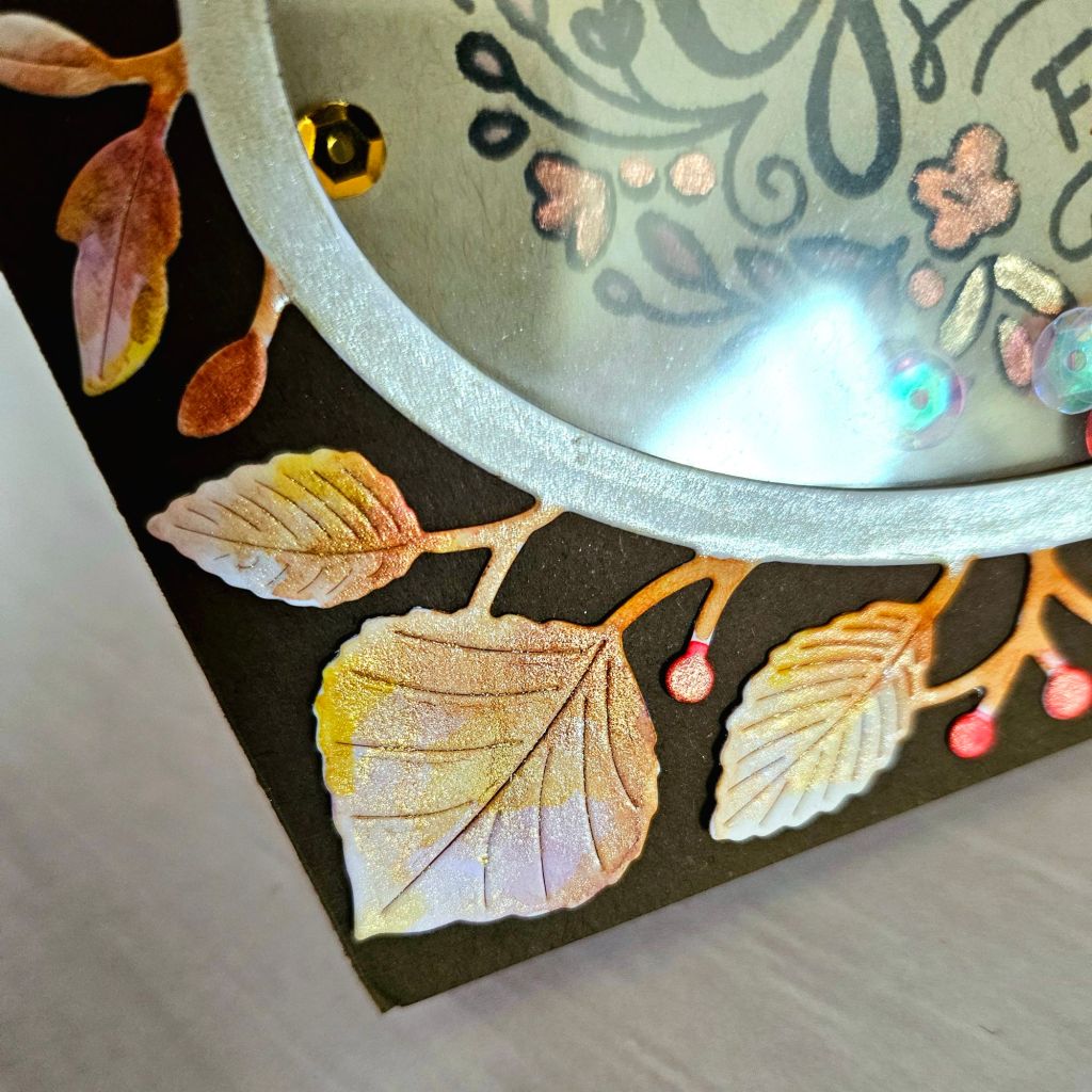 Poppystamps autumn leaves oval frame handmade card