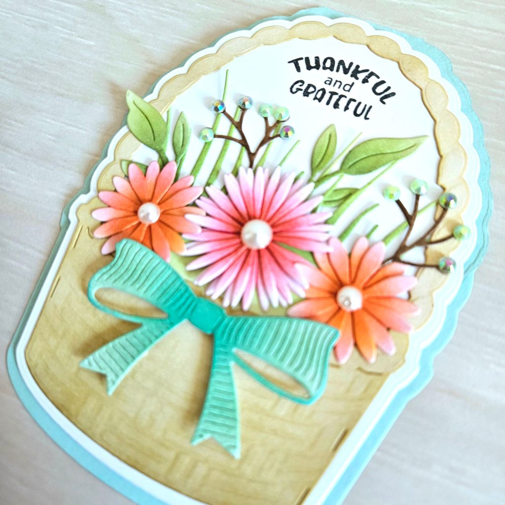 Poppystamps woven basket easel dies  flower spring thank you card mixing distress inks for colouring