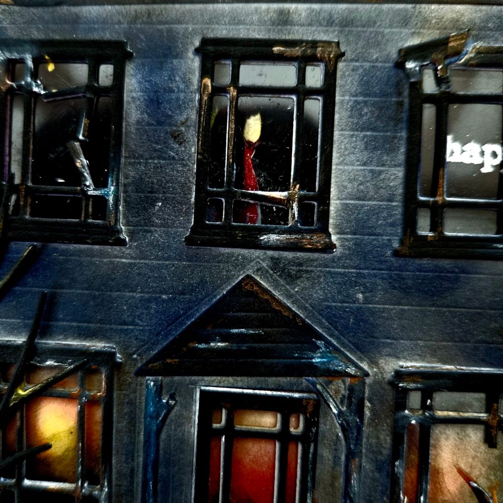 Haunted house card for Halloween interactive slide tab lady ghost walking