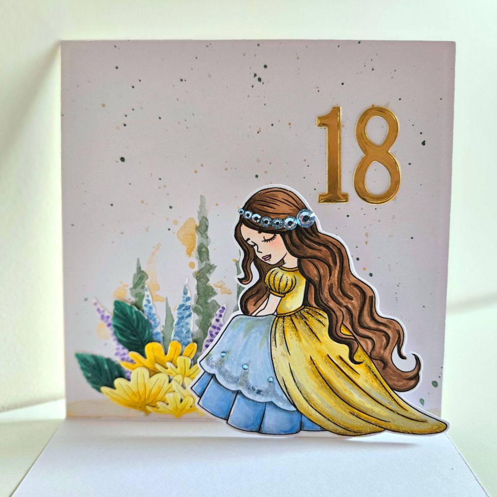 Birthday card pop up square with popup girl inside in blue and yellow gown