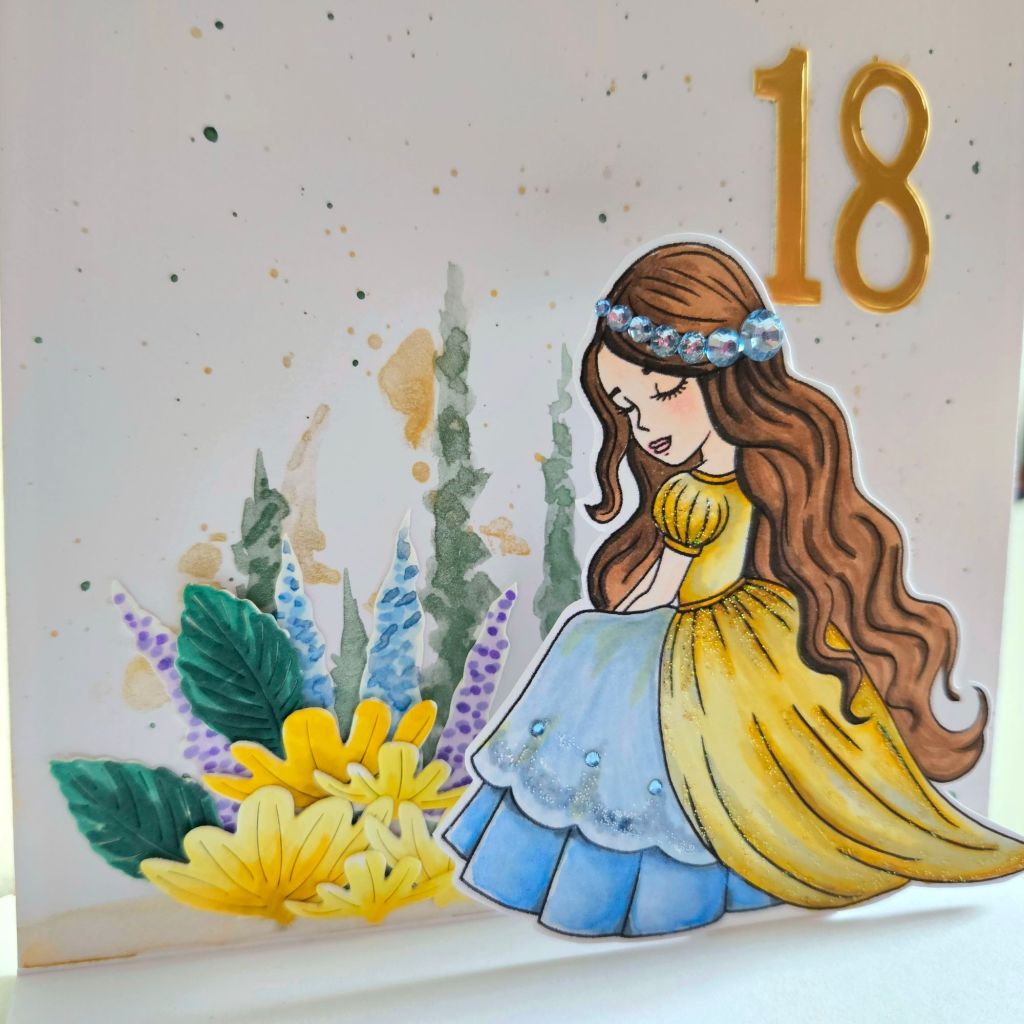 Pop up card birthday girl 18th year gold and blue gown girl pops up inside