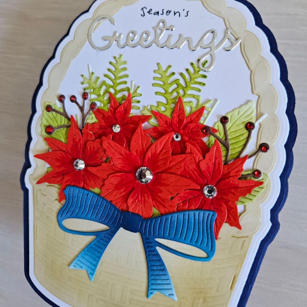 poppystamps woven basket easel pop up card for christmas red and blue poinsettia