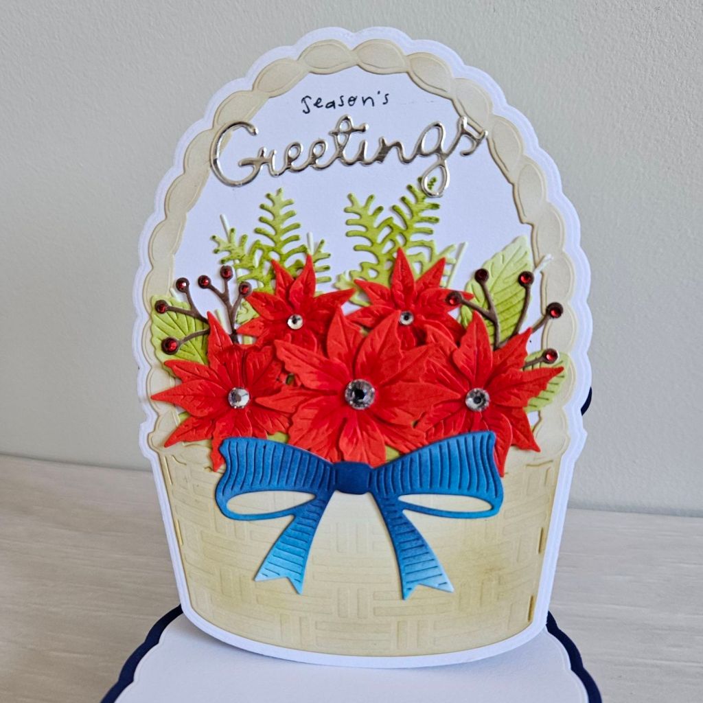 poppystamps woven basket easel pop up card for christmas red and blue colour scheme