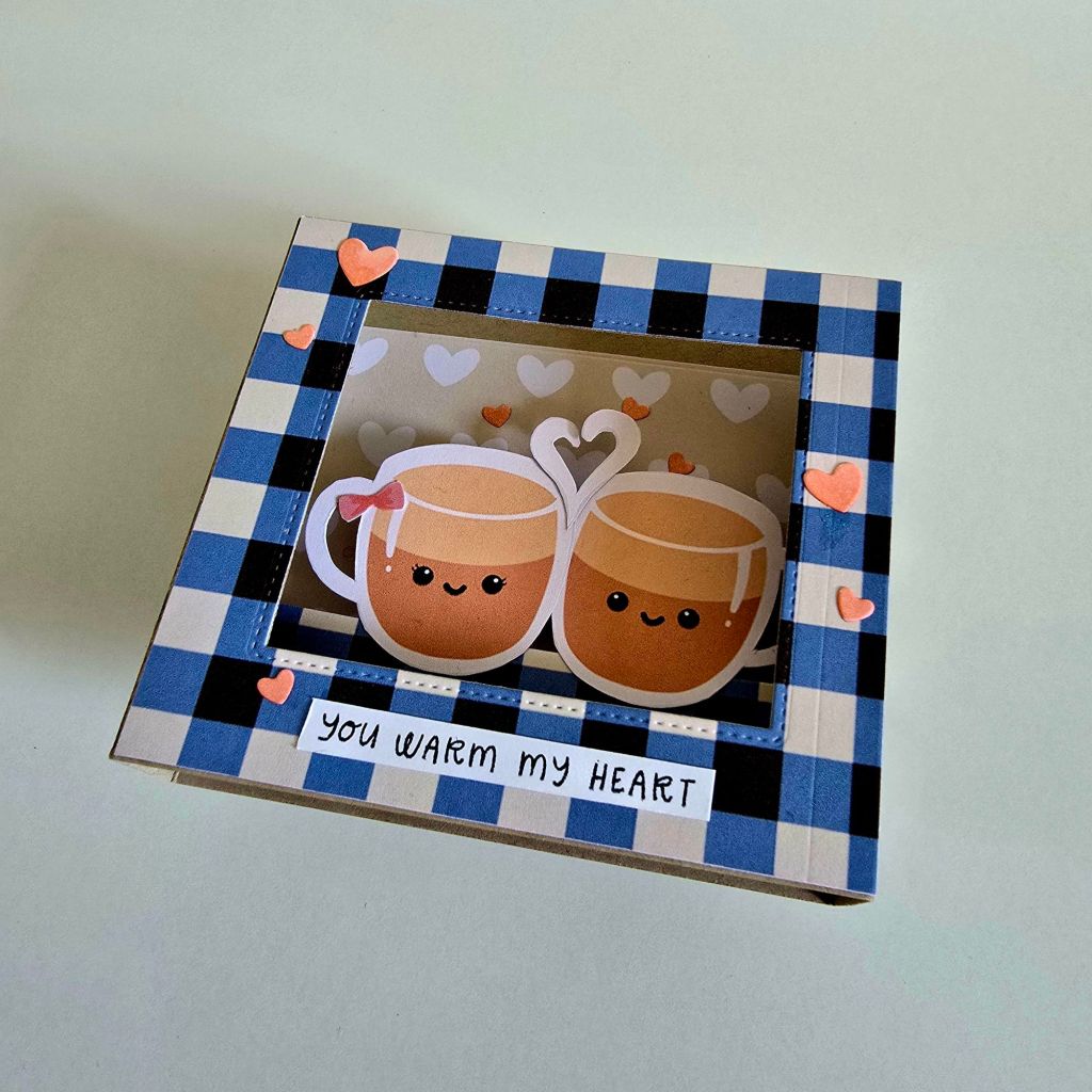 Step-by-step cardmaking tutorial using Hugs in a Card digital papers, showcasing a 3D coffee cup clipart with heart details.