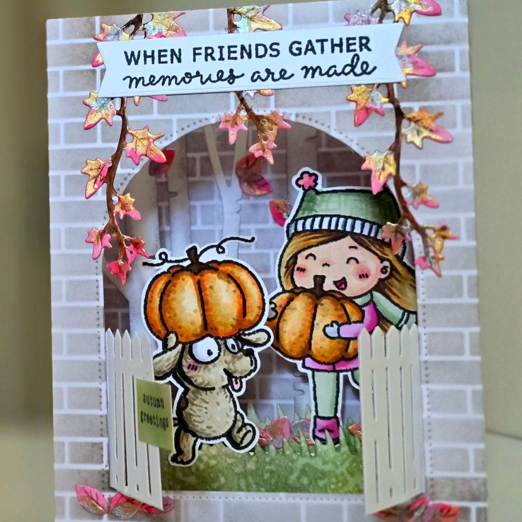 Autumn themed pop up card stampin up supplies Sunbird park digital stamp fall friends